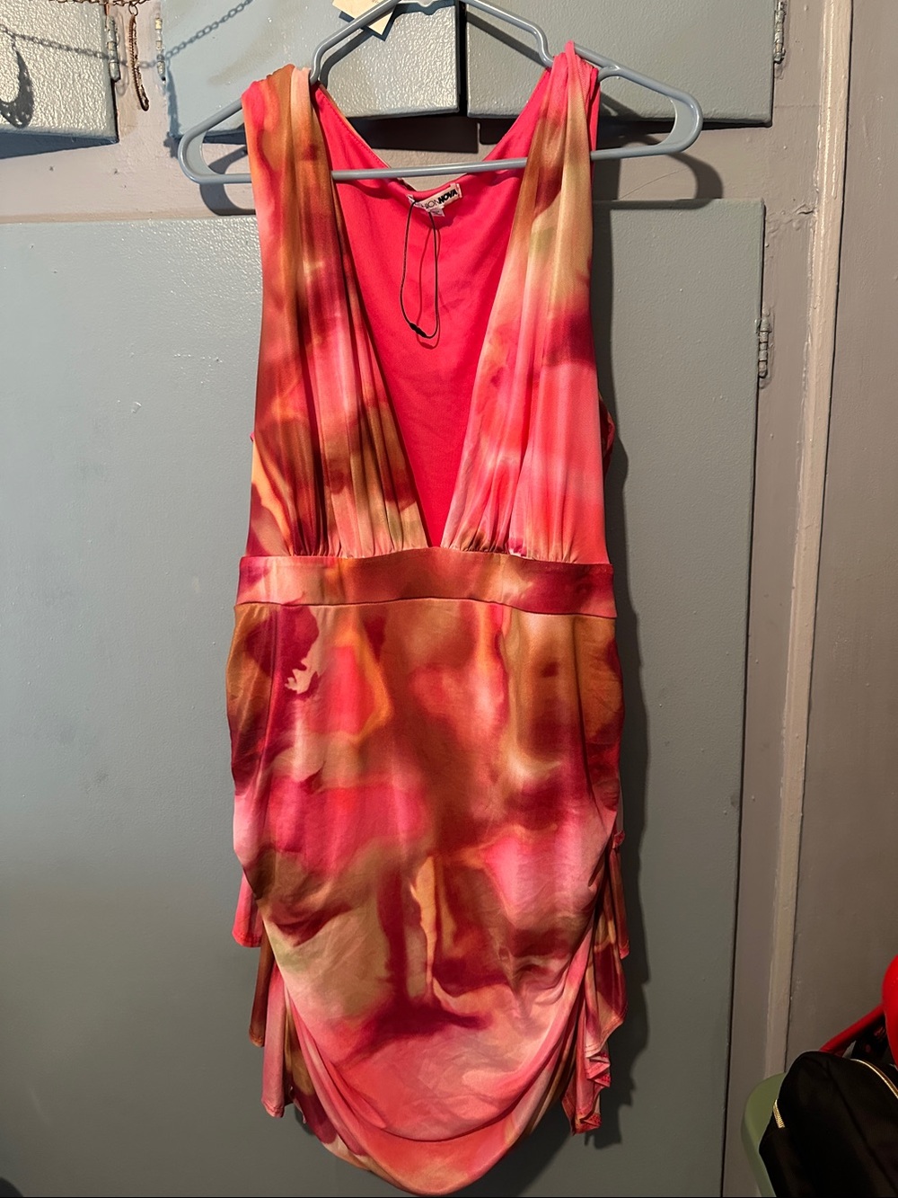 Fashion Nova Pink and Brown Tie-Dye Plunge Satin Dress